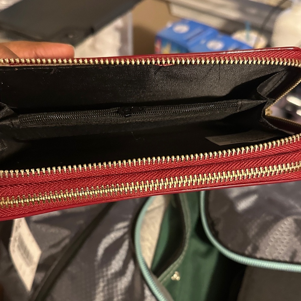 Red Patent Zip-Around Wallet with Gold Medallion Accent - Picture 3 of 5